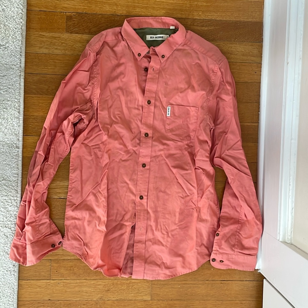 Ben Sherman Mens Blue Button Up Shirt Size L Short Sleeve Linen Blend Pocket
